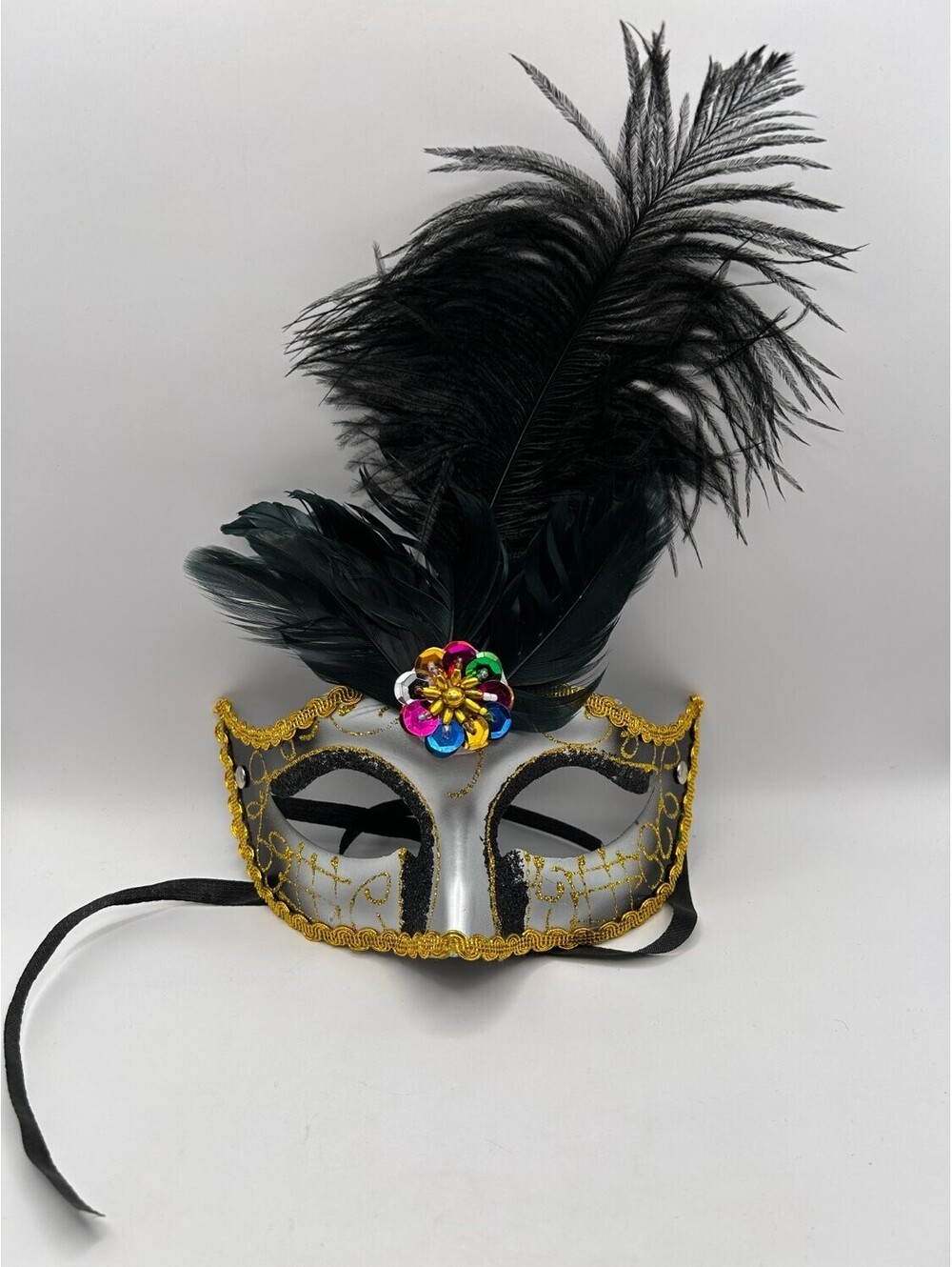Venetian Masquerade Eye Mask Black Feather Plume Mardi Gras Costume Party OS